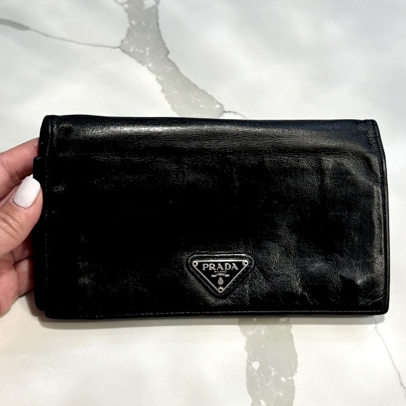 PRADA Vintage Soft Leather Black Snap Long Wallet - Picture 1 of 17